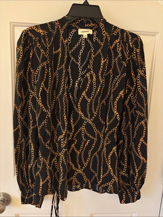 L'AGENCE Tops - L'AGENCE Black Wrap Blouse with Gold Chain Print